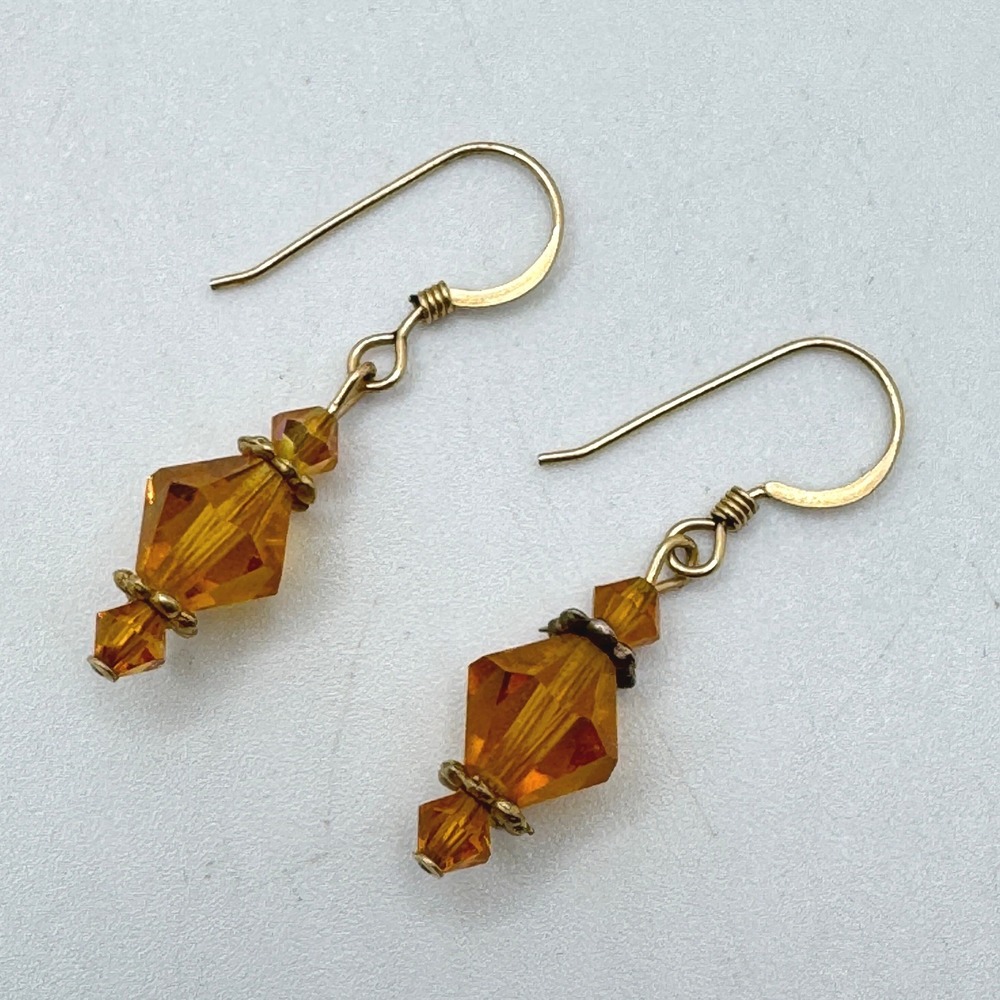 Amber Crystal Bicone Drop Earrings Gold Tone French Hook Dangle Dainty Honey